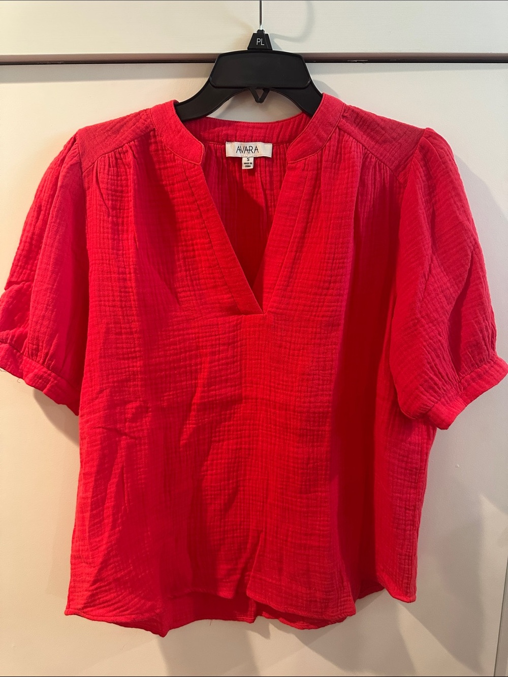 Avra Bright Red Split-Neck Textured Blouse